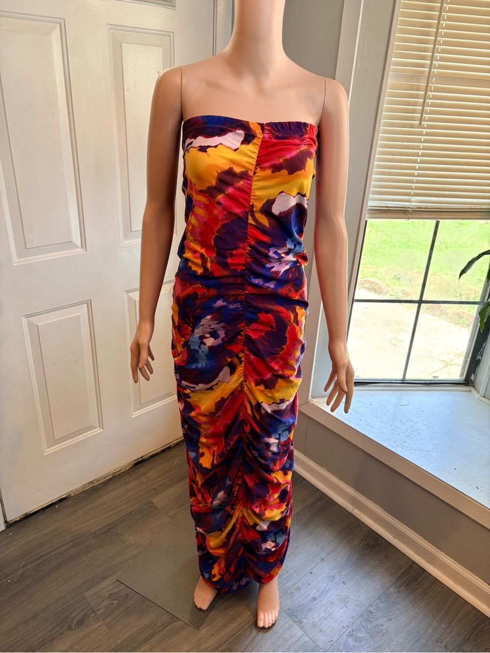 Rogue Strapless Multi-Color Ruched Maxi Dress